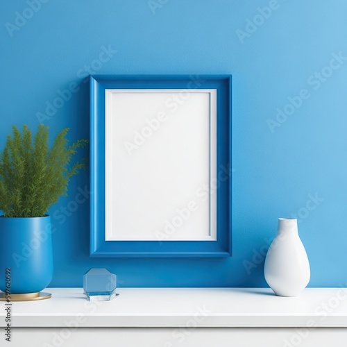 interior of a blue room with mockup frame