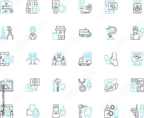 Tooth care linear icons set. Flossing, Brushing, Whitening, Cavity, Fluoride, Enamel, Braces line vector and concept signs. Plaque,Crown,Gum outline illustrations Generative AI