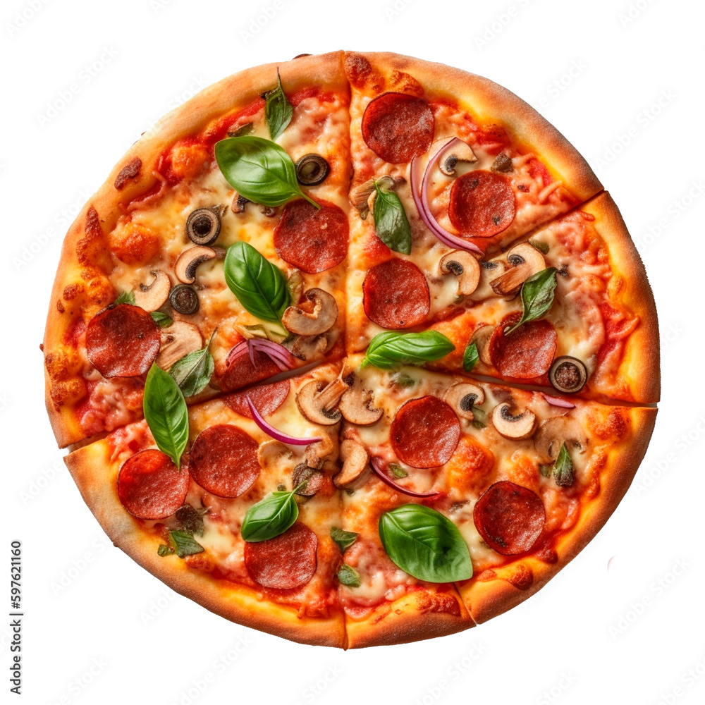 Pizza, top view, on a white background .Generative AI