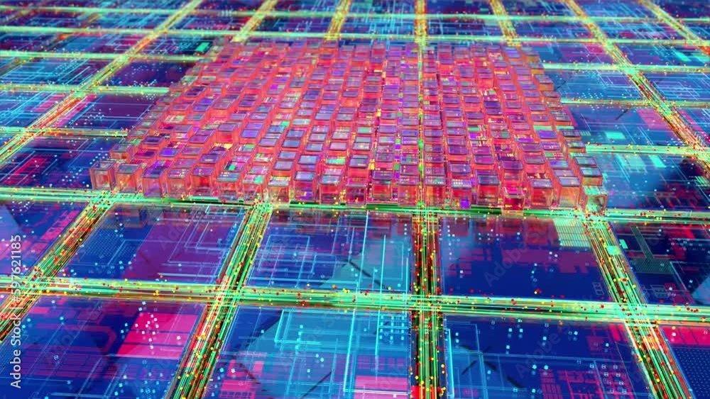 Inside architecture of the computer concept. 3d camera rotation around multi core processor with many graphic, math logic and neural coprocessors. The big data chip is computing receiving information.