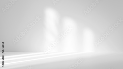 white studio room with sunlight and shadows background, empty white room place for design, white background