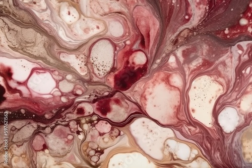 close up view of a red and white marble pattern. Generative AI