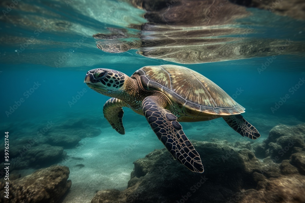 Fototapeta premium Underwater swimming sea turtle igital illustration in a photographic style, marine nature photography, made in part with generative ai. 