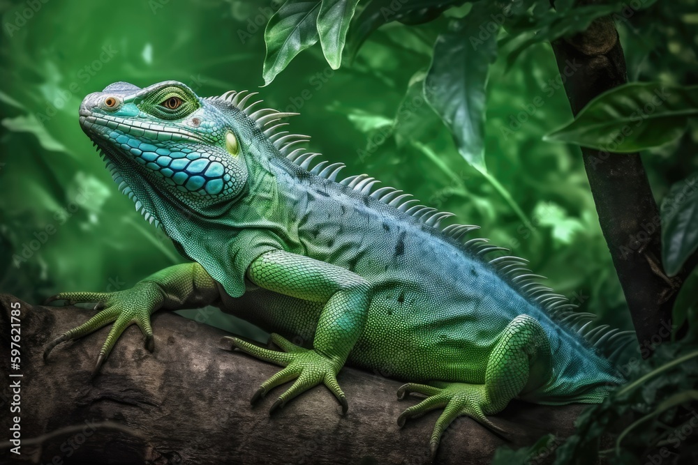 Fototapeta premium an iguana perched on a tree branch in its natural habitat. Generative AI