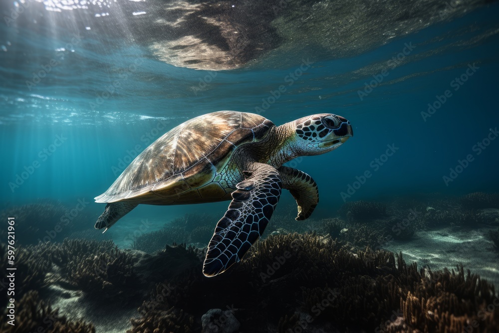 Fototapeta premium Underwater swimming sea turtle igital illustration in a photographic style, marine nature photography, made in part with generative ai. 