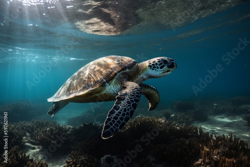 Underwater swimming sea turtle igital illustration in a photographic style  marine nature photography  made in part with generative ai. 