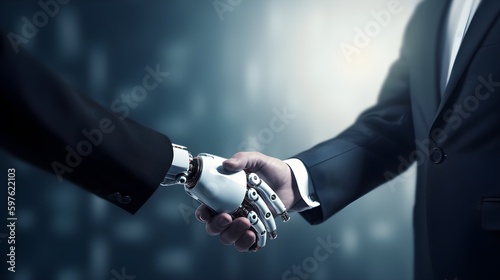 Un Robot IA et un homme se serrent la main
