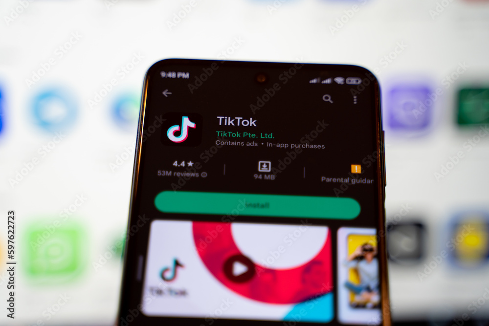 TikTok mobile application on Google Play Store. Ankara, Turkey - April