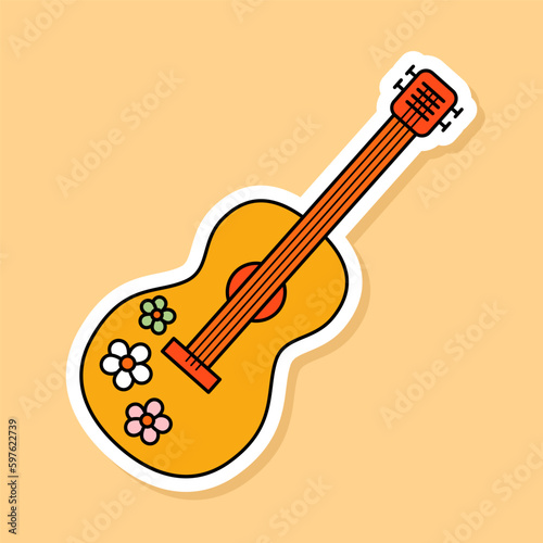 Vector Hippie Guitar sticker isolated on yellow background. 70s style cartoon music instrument with flower pattern