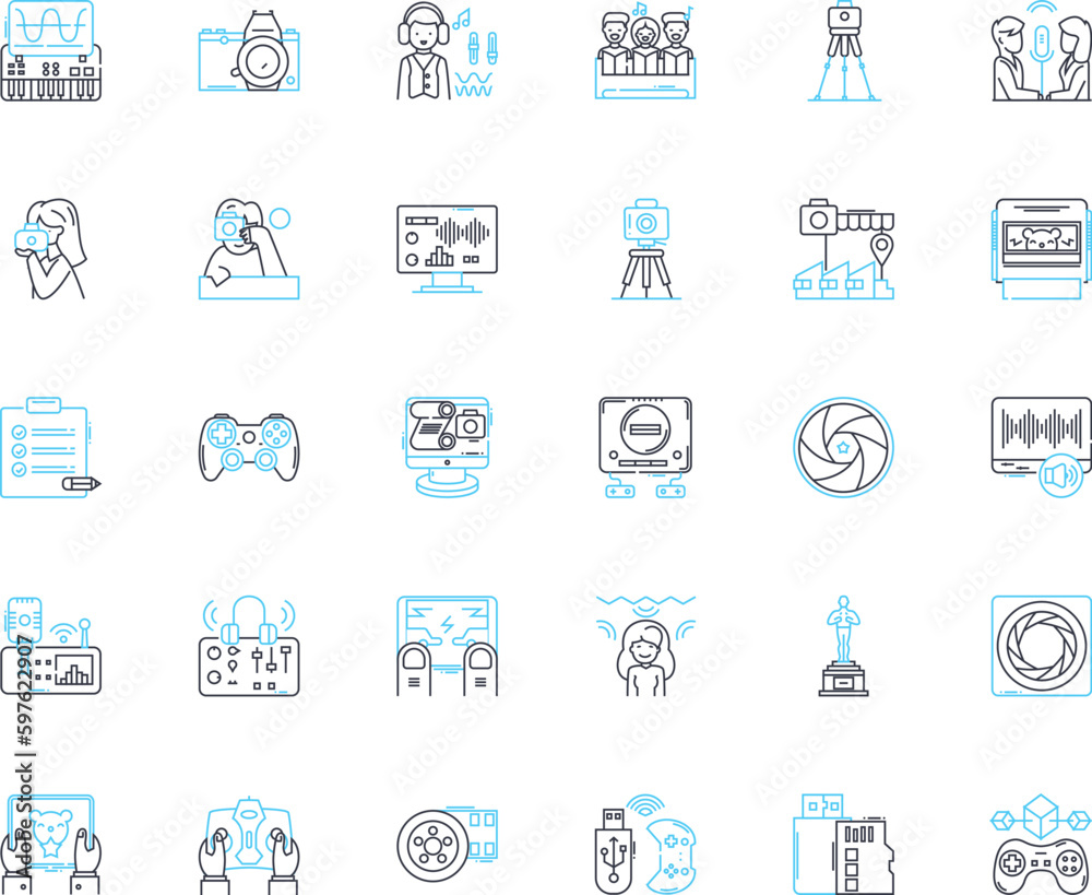 Sound production linear icons set. Acoustics, Amplification, Beats ...
