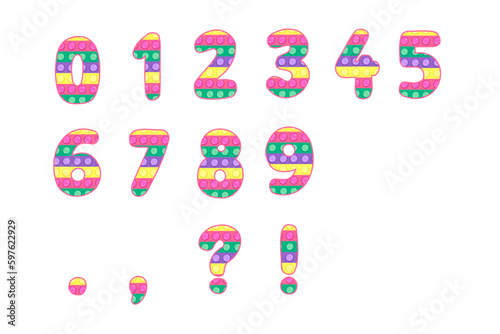 Pop it fidget toy style numbers and symbolst. Neon pink, yellow, violet, green colors. Vector clipart.