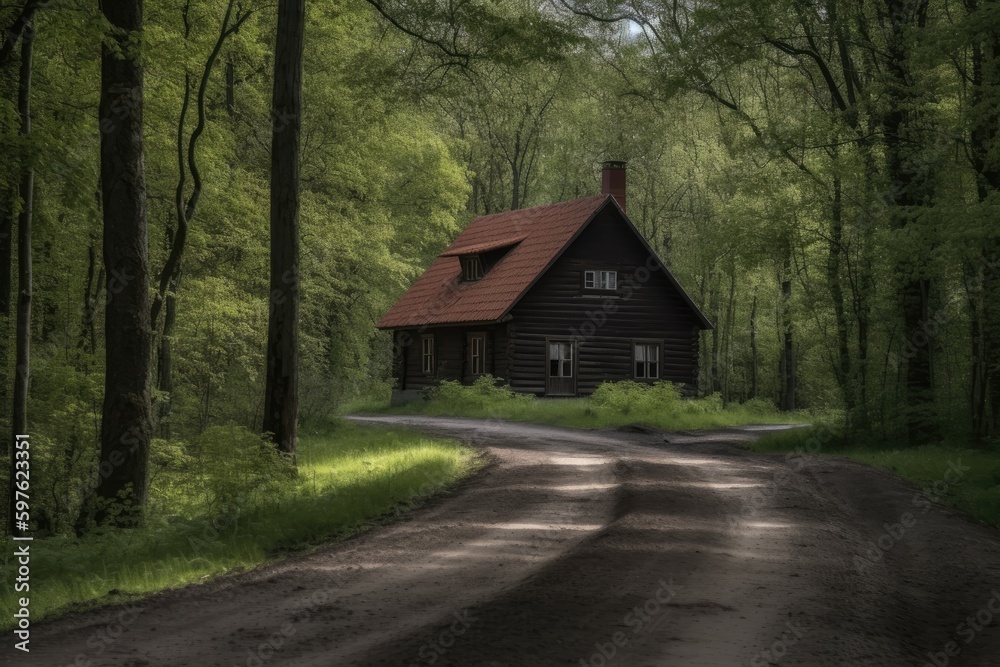Fototapeta premium cozy cottage nestled in the heart of a dense forest. Generative AI