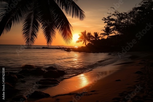 A beach at sunset with the sun slowly melting into the ocean. Rays of orange and crimson reflecting on the rippling sea as day fades to dusk. Silhouettes of palm trees on the shore. Generative AI
