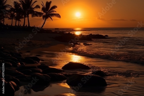 A beach at sunset with the sun slowly melting into the ocean. Rays of orange and crimson reflecting on the rippling sea as day fades to dusk. Silhouettes of palm trees on the shore. Generative AI