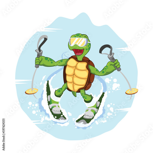 turtle skiing on snow vector, happy tortoise having fun with ski, skiing turtle emblem for kids book, green turtle mascot in the snow having fun in winter