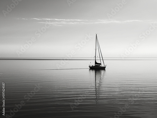  white image of a lone sailboat on a calm sea. AI generative