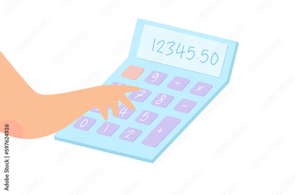 Hand’s pressing calculator key numbers vector, flat design of minimal calculator vector, isolated calculator vector on white background, account and finance tools vector, financial business tools. Hand’s pressing calculator key numbers vector, flat design of minimal calculator vector, isolated calculator vector on white background, account and finance tools vector, financial business tools.