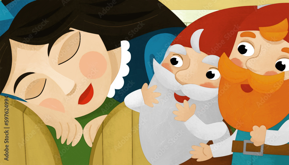 cartoon happy scene with princess and dwarfs in room cartoon happy scene with princess and dwarfs in room