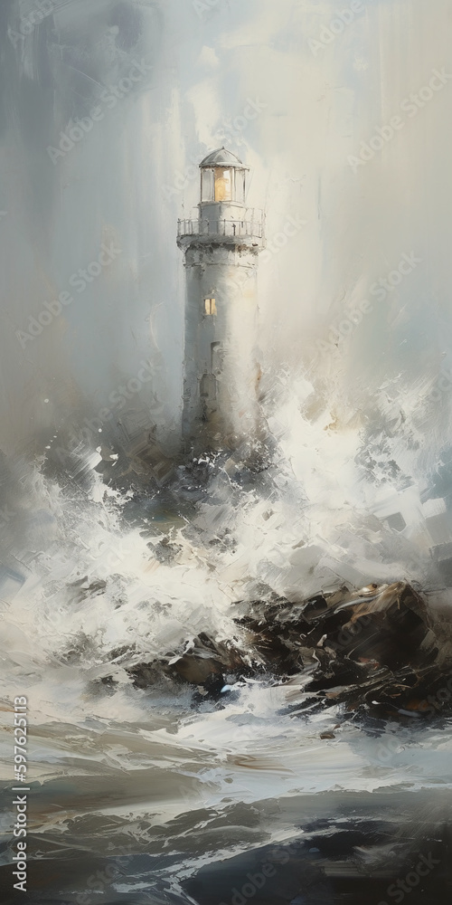 Fototapeta Massive Whitewater Smashes Into A White Lighthouse On A Foggy Day. AI generative
