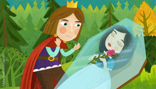 cartoon scene with prince and princess in the forest artistic painting style