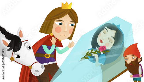 cartoon scene with prince and princess magical sleeping and dwarfs illustration artistic painting style