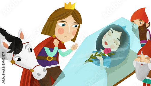 cartoon scene with prince and princess magical sleeping and dwarfs illustration artistic painting style