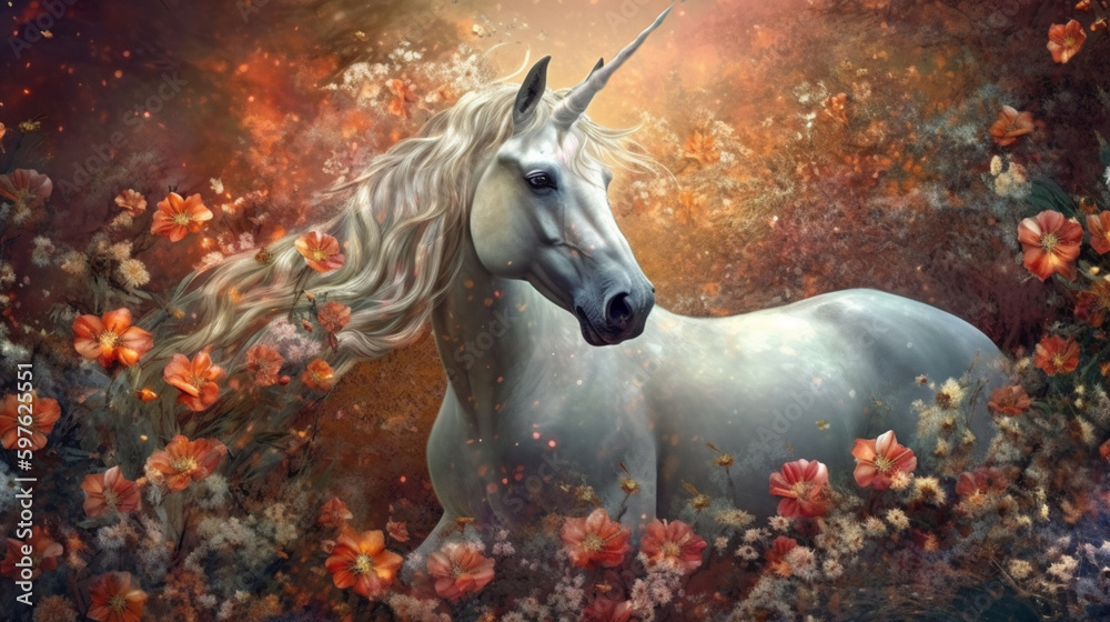 Mythical white Unicorn. White Unicorn in dreams flowers. generative ai Mythical white Unicorn. White Unicorn in dreams flowers. generative ai