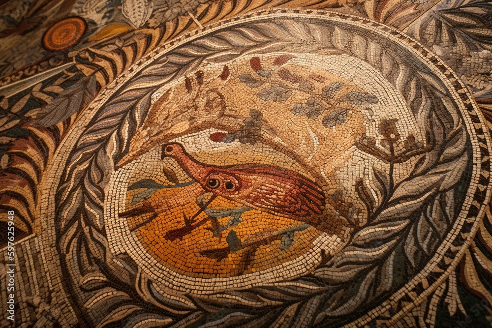 A Roman mosaic, antiquity, in perfect condition. Ai generated, fictional image.