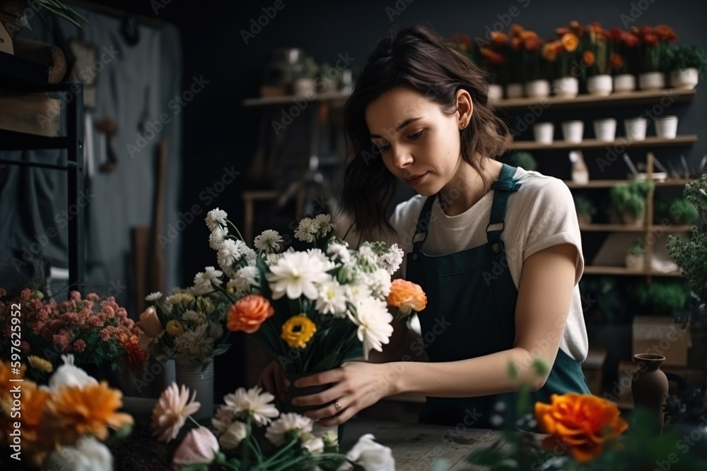 An enterprising young woman works in her flower shop. Ai generated.