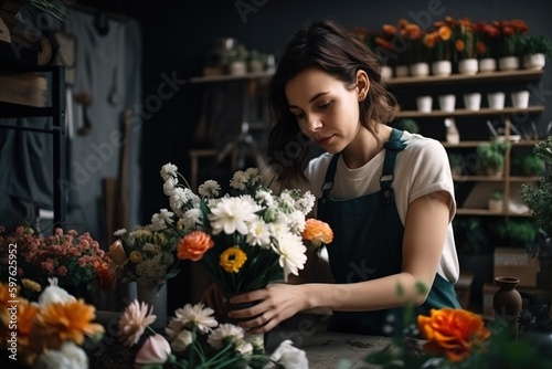 An enterprising young woman works in her flower shop. Ai generated.
