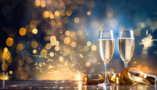 An elegant and celebratory scene, with crystal champagne flutes filled to the brim with golden bubbles, set against a sparkling background . Ai generated. © Road Red Runner