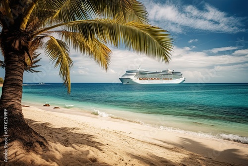 Idyllic tropical beach  boasting lush palm trees and silky soft sand  provides the perfect backdrop for a  tourist cruise ship anchored in the distance. Ai generated.. Ai generated.