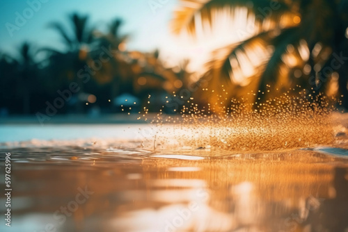 Beautiful background for summer vacation and travel. Golden sand of tropical beach, blurry palm leaves and bokeh highlights on water on sunny day. AI generative