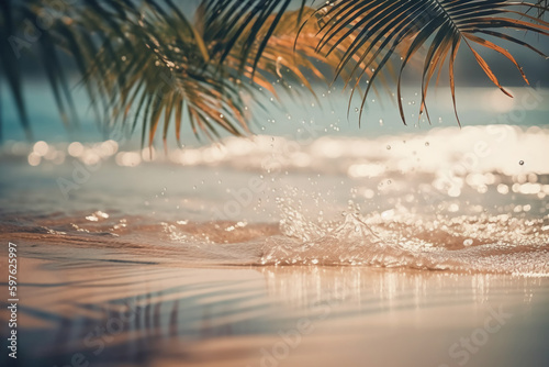 Beautiful background for summer vacation and travel. Golden sand of tropical beach, blurry palm leaves and bokeh highlights on water on sunny day. AI generative