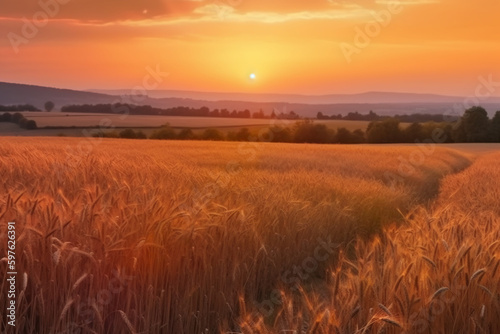 Beautiful colorful natural panoramic landscape with a field of ripe wheat in the rays of setting sun. Natural sunset in golden and pink colors. AI generative