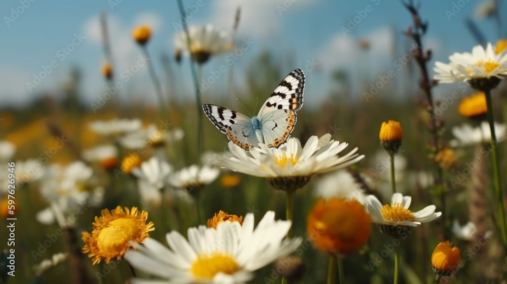 Beautiful white yellow daisies and blue cornflowers with fluttering butterfly in summer in nature against background of blue sky with clouds. AI generative Beautiful white yellow daisies and blue cornflowers with fluttering butterfly in summer in nature against background of blue sky with clouds. AI generative