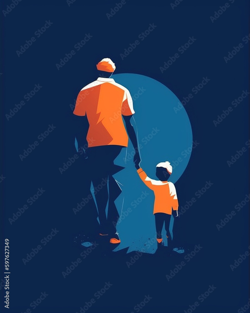 Father and Child Holding Hands as they Walk Together - Orange and Blue Color Tone Fathers Day Vector Theme - Generative AI Father and Child Holding Hands as they Walk Together - Orange and Blue Color Tone Fathers Day Vector Theme - Generative AI