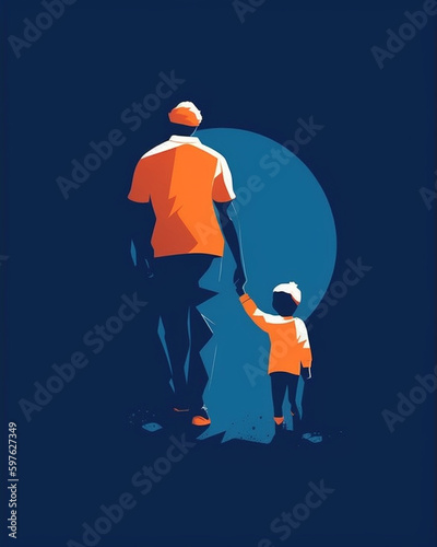 Father and Child Holding Hands as they Walk Together - Orange and Blue Color Tone Fathers Day Vector Theme - Generative AI