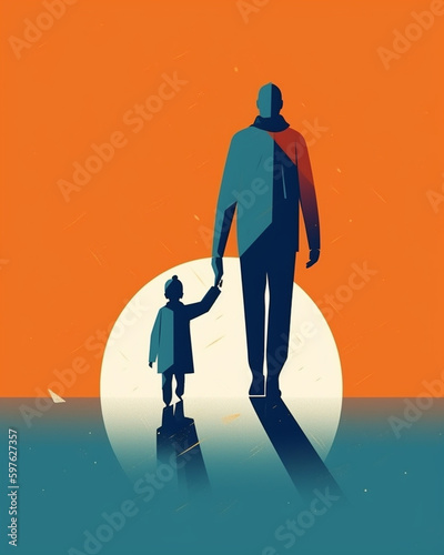 Father and Child Holding Hands as they Walk Together - Orange and Blue Color Tone Fathers Day Vector Theme - Generative AI © AnArtificialWonder