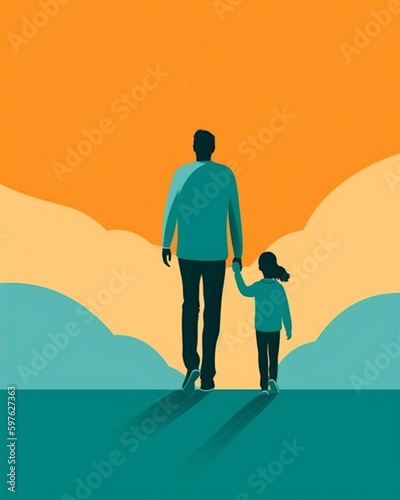 Father and Child Holding Hands as they Walk Together - Orange and Blue Color Tone Fathers Day Vector Theme - Generative AI