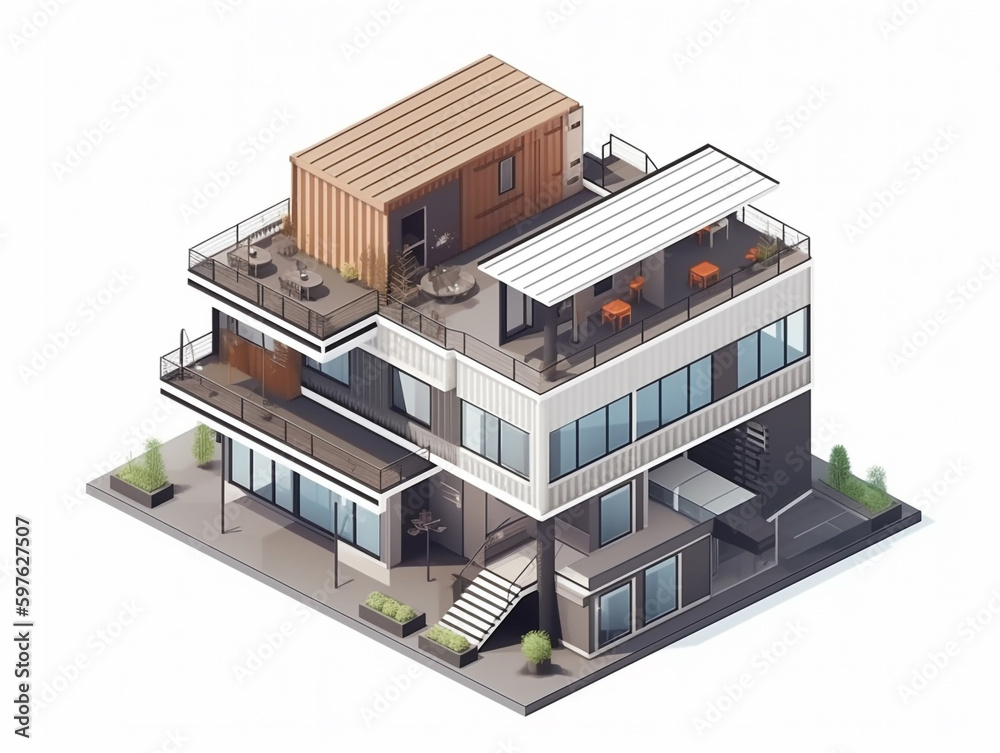 Illustration of a huge luxury house built from recycled shipping containers. Well organized to maximize space. Some of the walls have huge openings that show the house's interior. Illustration of a huge luxury house built from recycled shipping containers. Well organized to maximize space. Some of the walls have huge openings that show the house's interior.