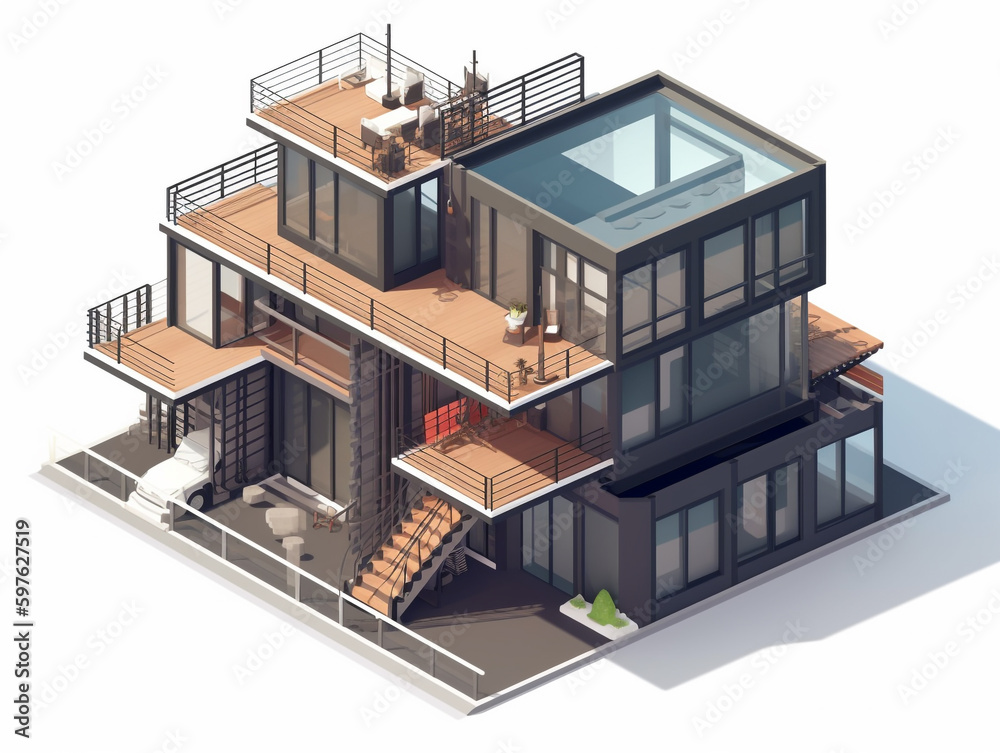 Illustration of a huge luxury house built from recycled shipping containers. Well organized to maximize space. Some of the walls have huge openings that show the house's interior. Illustration of a huge luxury house built from recycled shipping containers. Well organized to maximize space. Some of the walls have huge openings that show the house's interior.