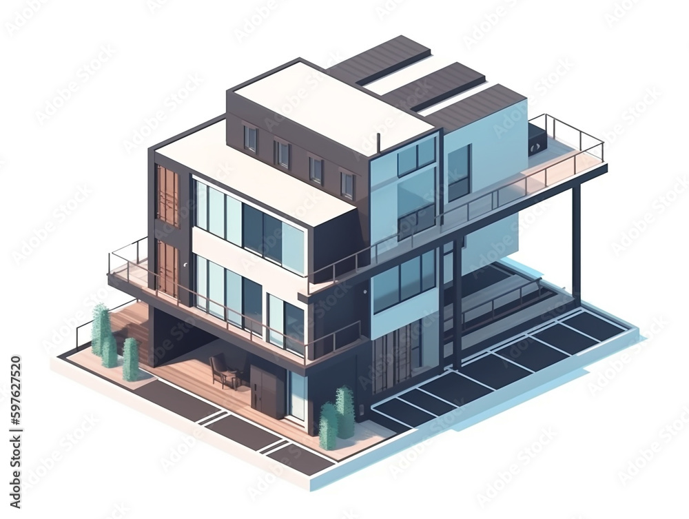 Illustration of a huge luxury house built from recycled shipping containers. Well organized to maximize space. Some of the walls have huge openings that show the house's interior. Illustration of a huge luxury house built from recycled shipping containers. Well organized to maximize space. Some of the walls have huge openings that show the house's interior.
