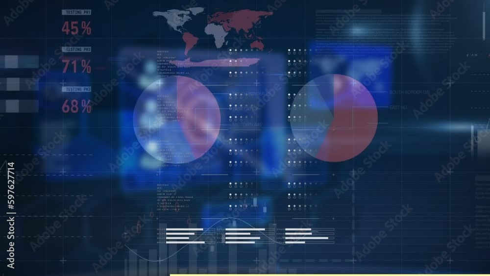 Animation of shapes over infographic interface against desktops, back panel of electronic hardware Animation of shapes over infographic interface against desktops, back panel of electronic hardware