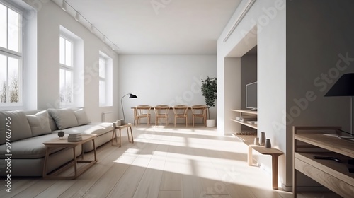 Contemporary and sleek minimalism in an open interior space  Softly lit white space with wide-angle composition and negative space emphasis  created using generative AI