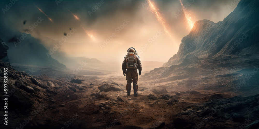 Obraz premium Back view of astronaut wearing space suit walking on a surface of a red planet. Generative AI