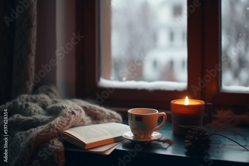 Christmas background. A cup of tea, books, a candle and a knitted scarf on the window background. AI generative