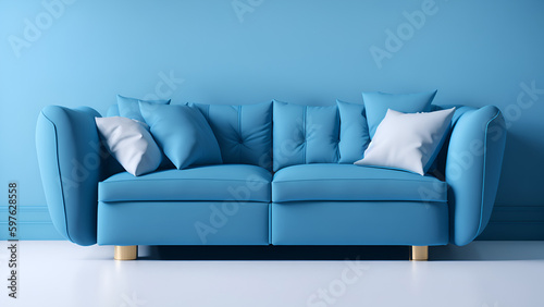 Soft blue sofa on blue background, 3D illustration, AI generated image. Modern minimalistic living room interior detail. Cosiness, social media and sale concept. (Generative AI) © AydinTutas