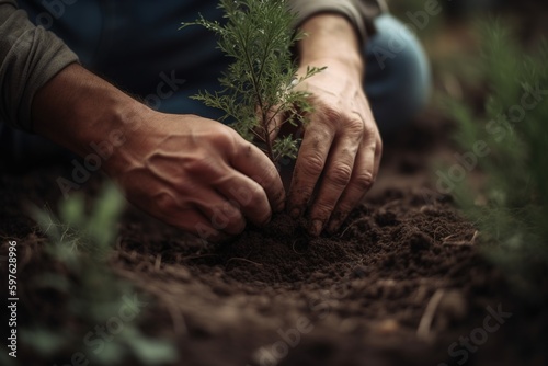 A close up shot of a person hands planting a tree. Generative AI.