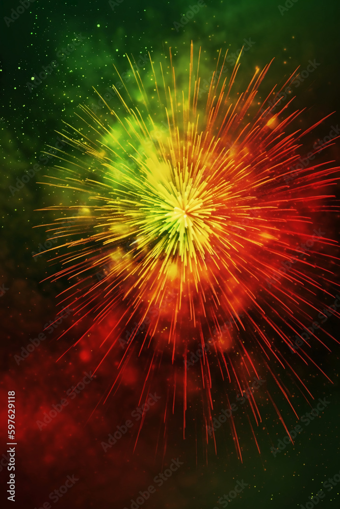 Fototapeta premium Green, red, yellow, firework, Independence Day Abstract Poster background, copyspace. AI generative